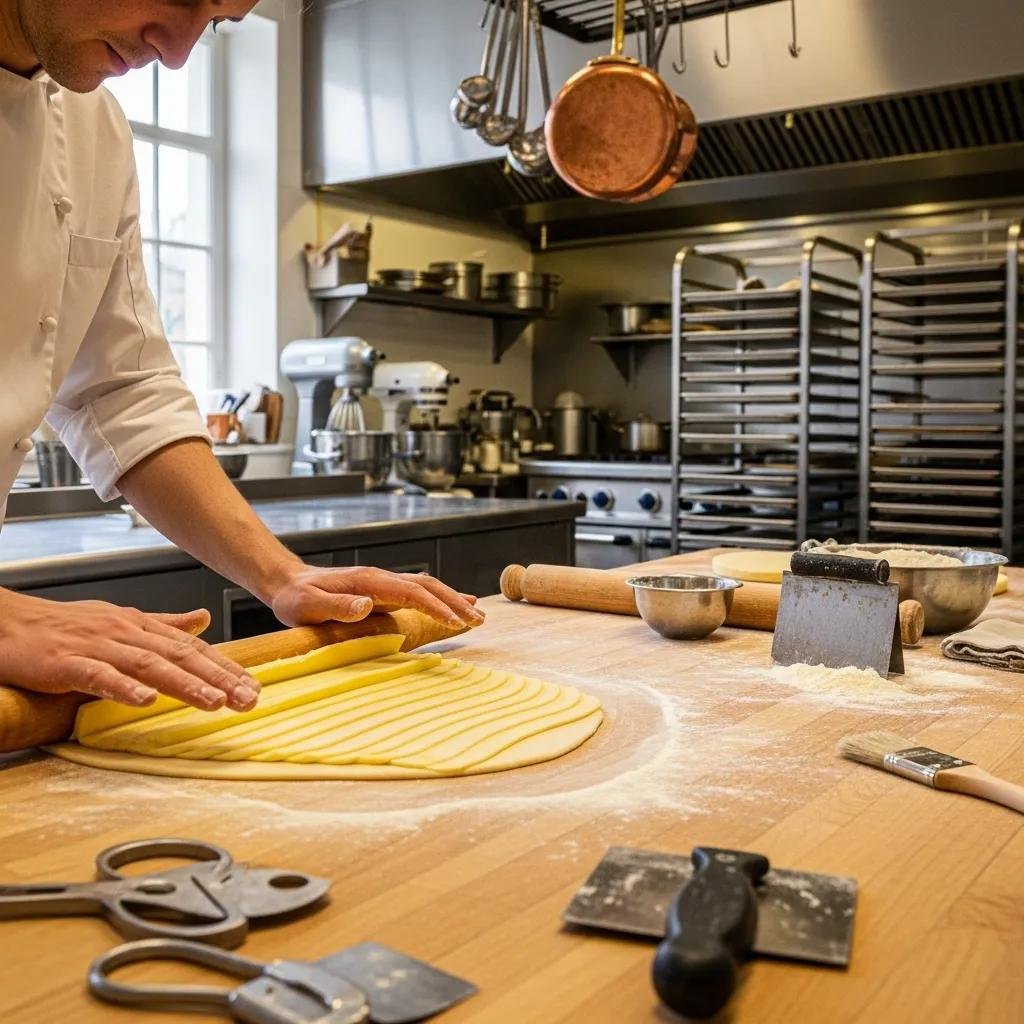Pastry chef laminating dough for croissants in a traditional bakery kitchen