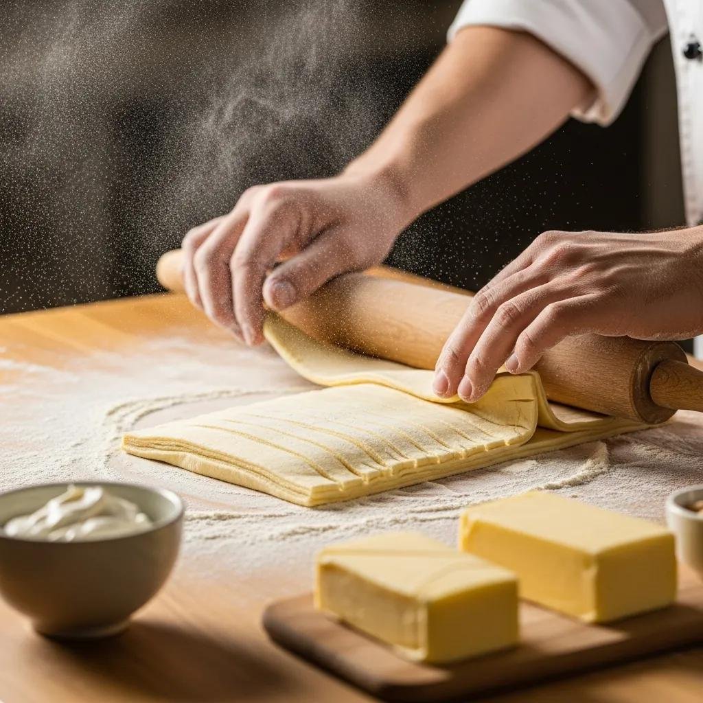 Pastry chef laminating puff pastry showcasing artisan techniques in French pastry making