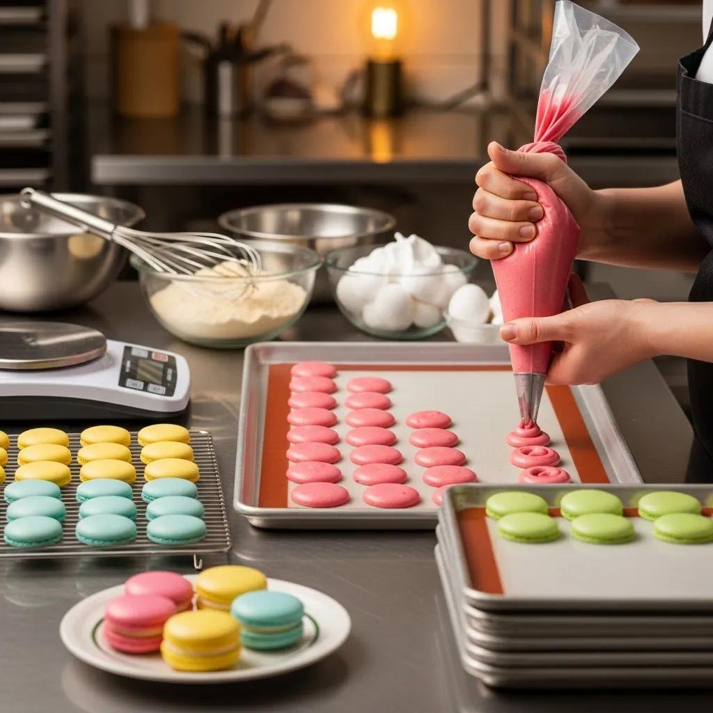Pastry chef piping macaron batter in a bakery kitchen, highlighting the craftsmanship of authentic French macarons