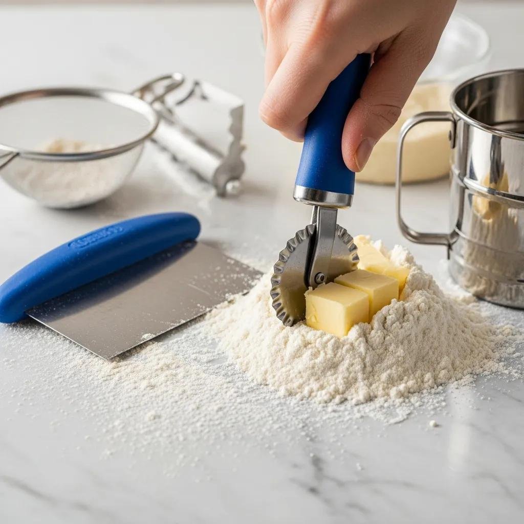 Pastry cutter, bench scraper, and sifter on a marble countertop with flour, showcasing essential tools for French pastry baking