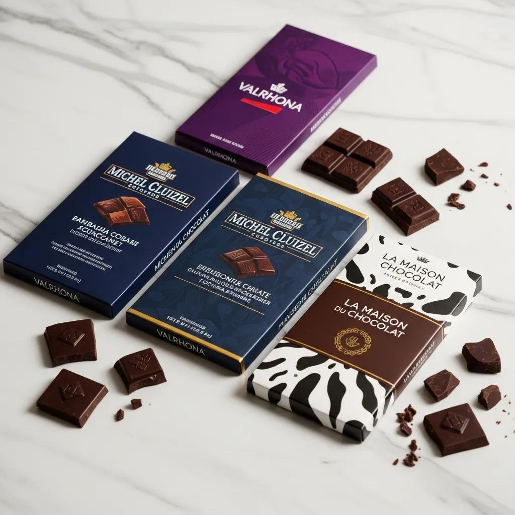 Premium chocolate bars from Valrhona, Michel Cluizel, and La Maison du Chocolat displayed on a marble countertop