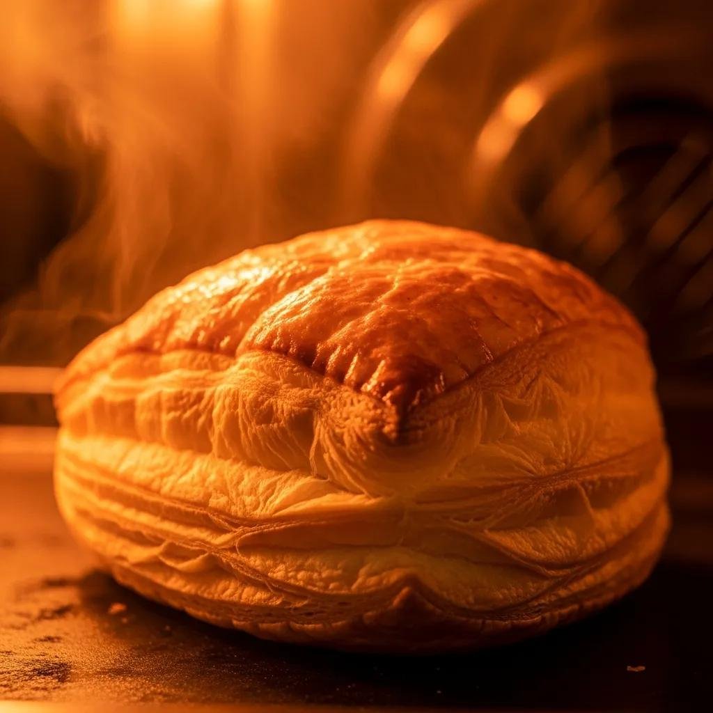 Puff pastry baking in an oven, rising and golden brown, showcasing flaky layers