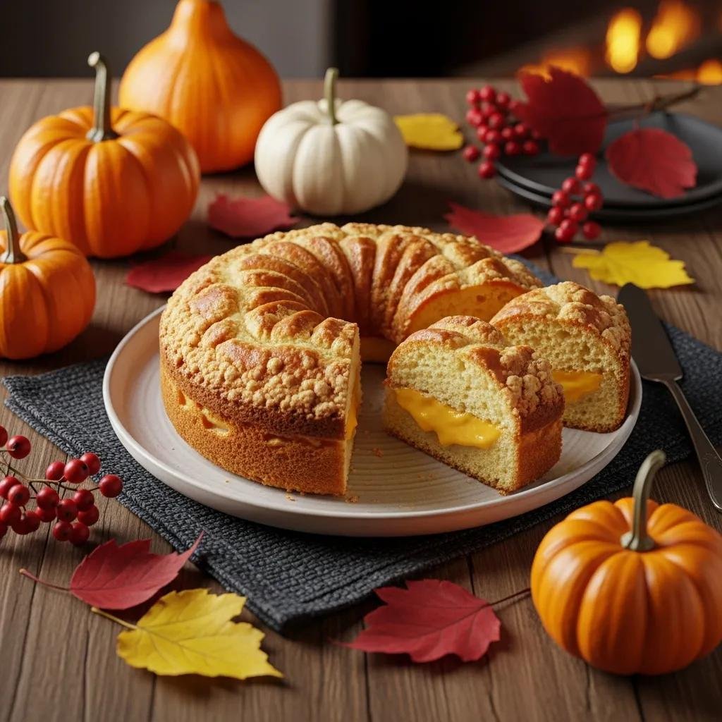 Rustic G&acirc;teau Basque cake with creamy filling displayed with autumn decorations