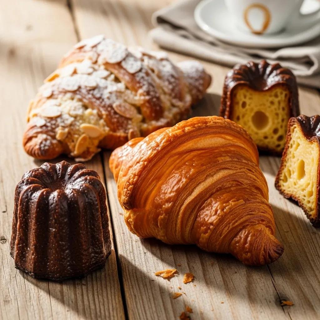 Selection of authentic French pastries including butter croissant, almond croissant, and canelé