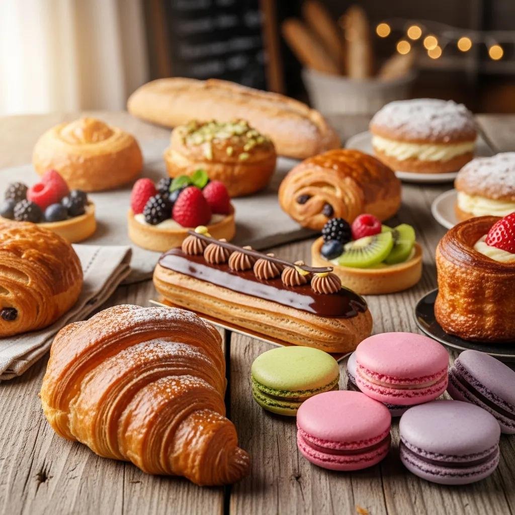 Selection of authentic French pastries including croissants and macarons