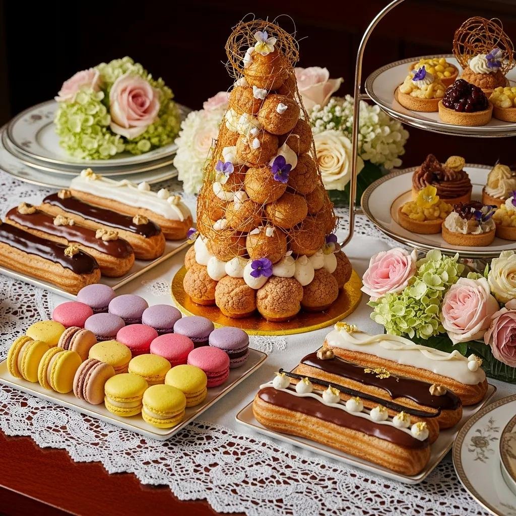 Selection of signature French pastries including macarons, éclairs, and croquembouche on an elegant dessert table