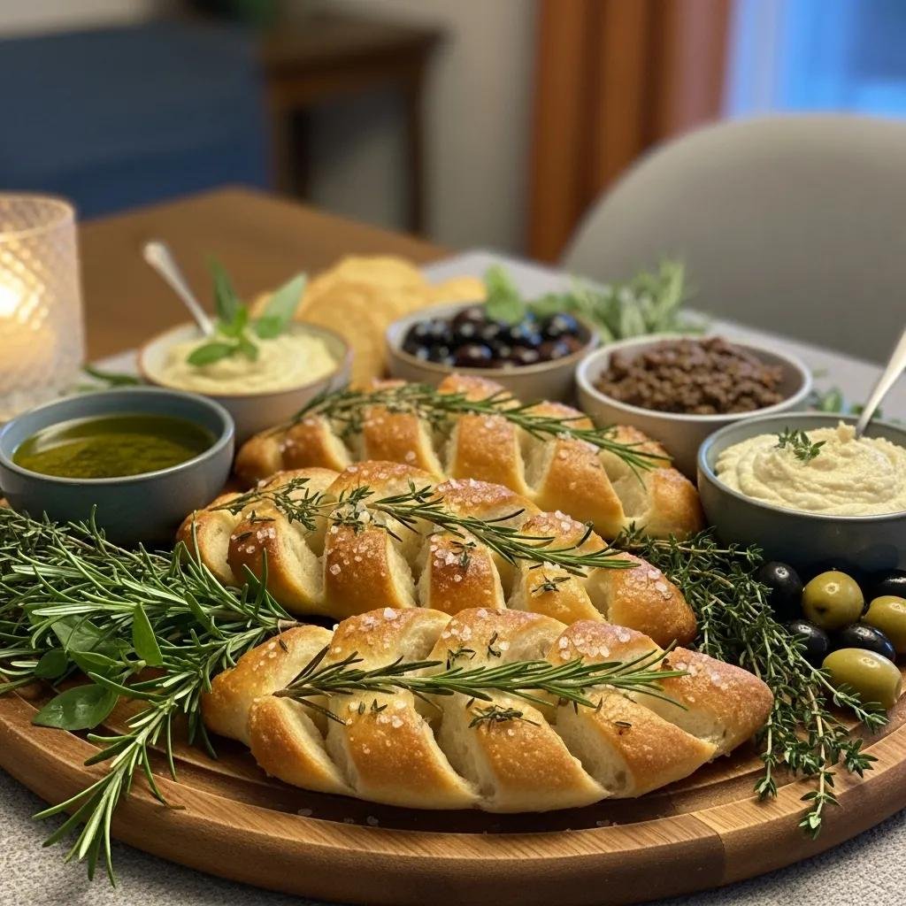 Serving platter of fougasse with dips and fresh herbs for a delightful dining experience