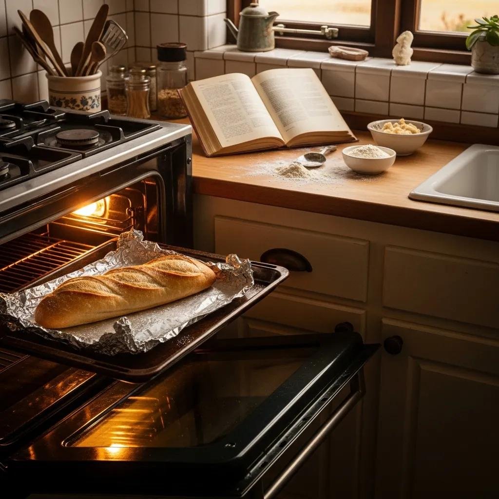 Stale French bread wrapped in aluminum foil and sprinkled with water, placed in an oven to be revived, showcasing a cozy kitchen setting