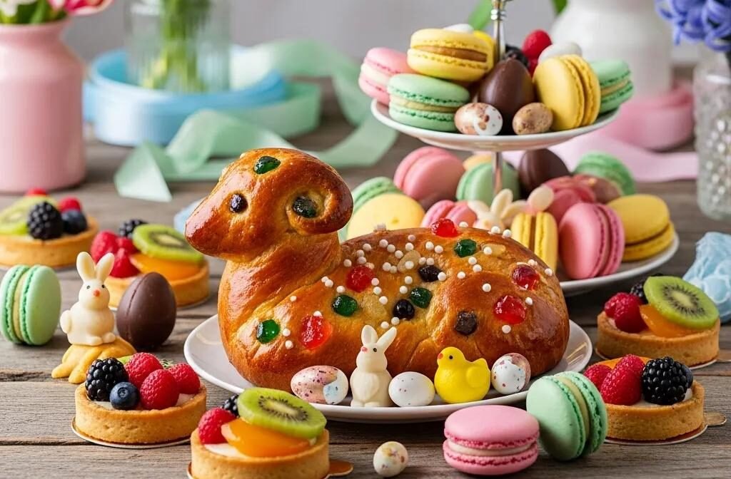 Traditional French Easter pastries including brioche, macarons, and fruit tarts arranged on a rustic table with spring flowers
