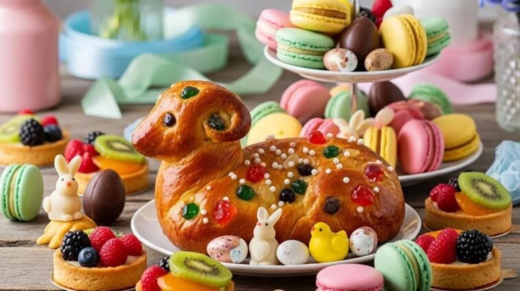 Traditional French Easter pastries including brioche, macarons, and fruit tarts arranged on a rustic table with spring flowers