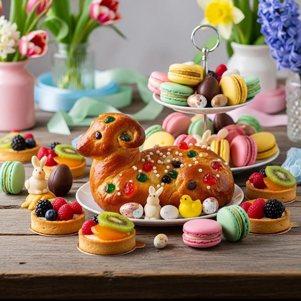 Traditional French Easter pastries including brioche, macarons, and fruit tarts arranged on a rustic table with spring flowers