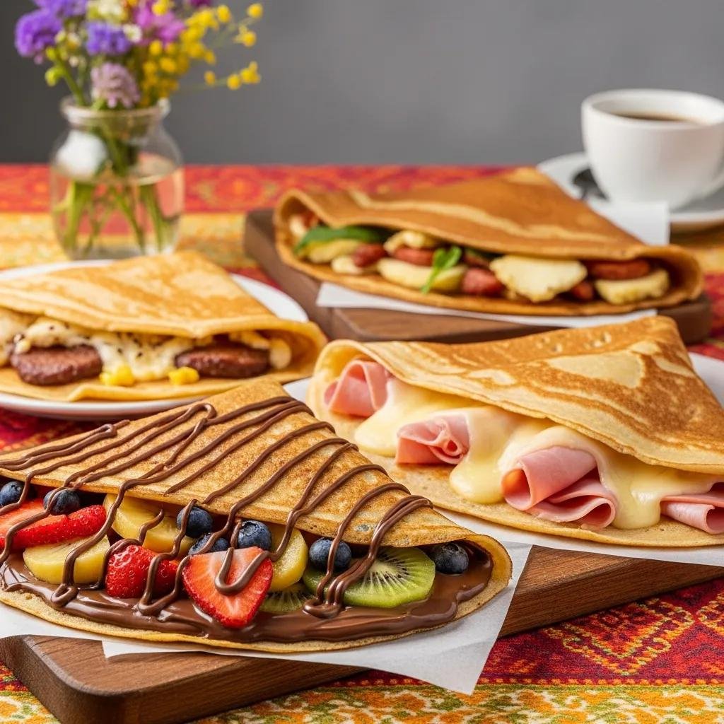 Variety of crêpes filled with sweet and savory ingredients