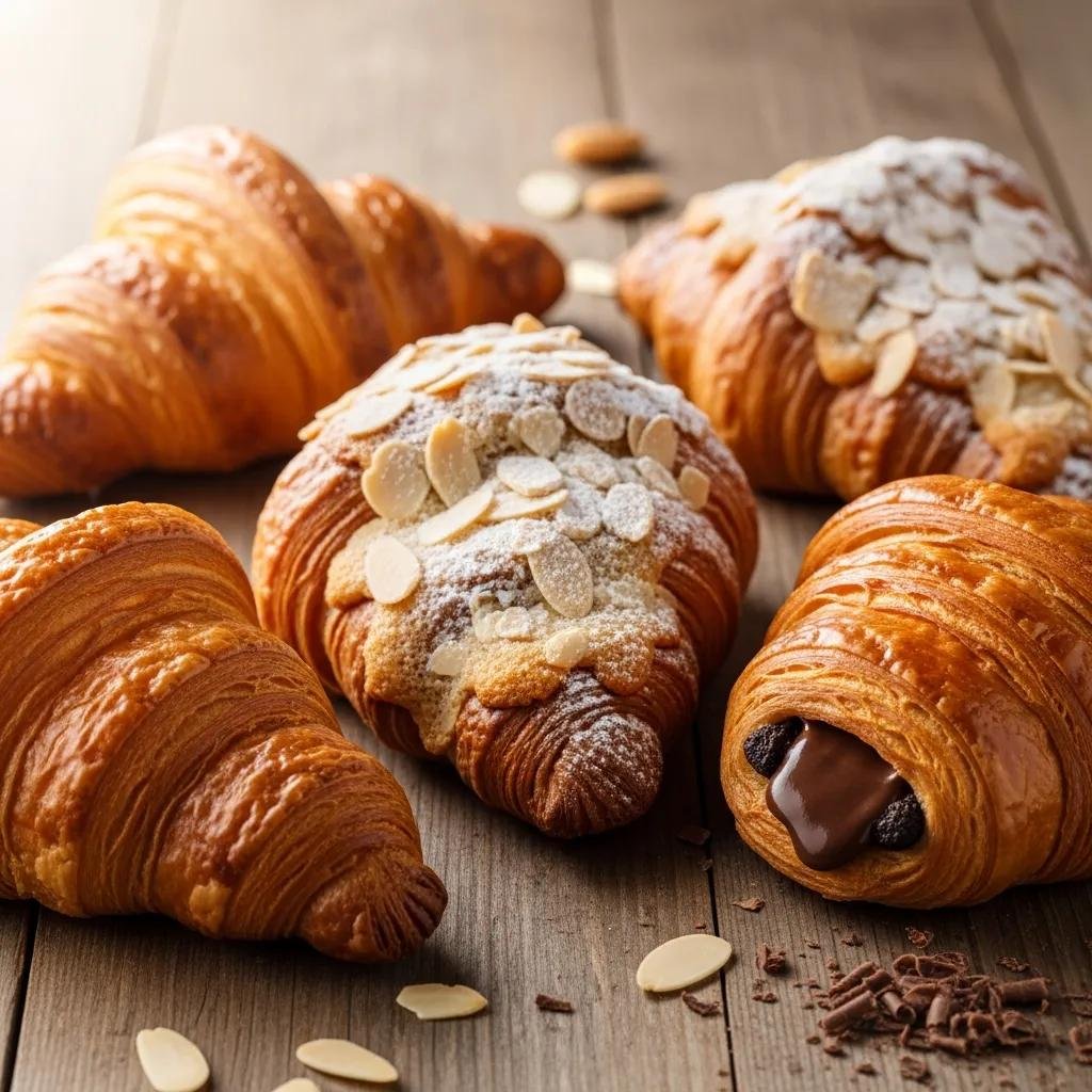 Variety of croissants including butter, almond, and chocolate on a wooden table