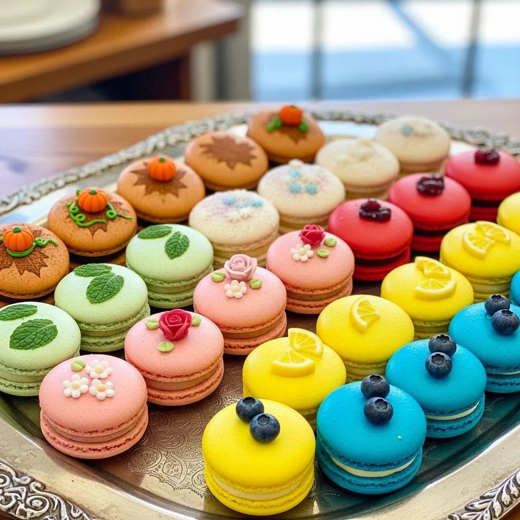 Variety of seasonal macaron flavors displayed on a decorative platter, reflecting the creativity and freshness of De Ma Vie Bakery