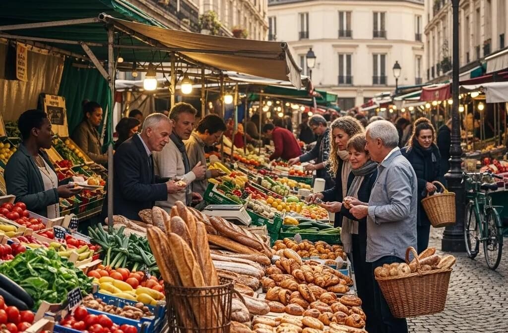 Vibrant French market scene with fresh produce and artisan pastries