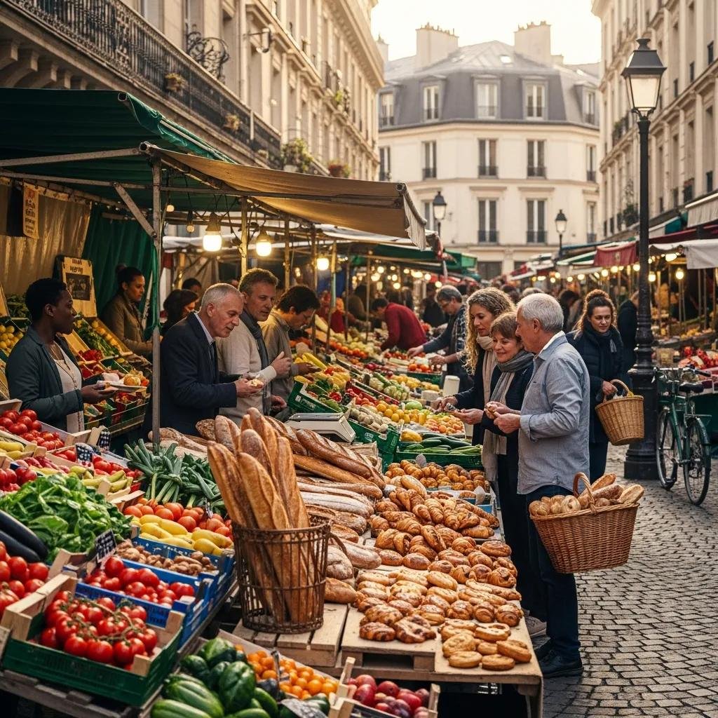 Vibrant French market scene with fresh produce and artisan pastries