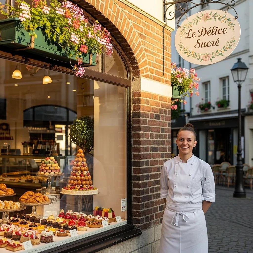 Young pastry chef in front of their bakery showcasing a variety of pastries