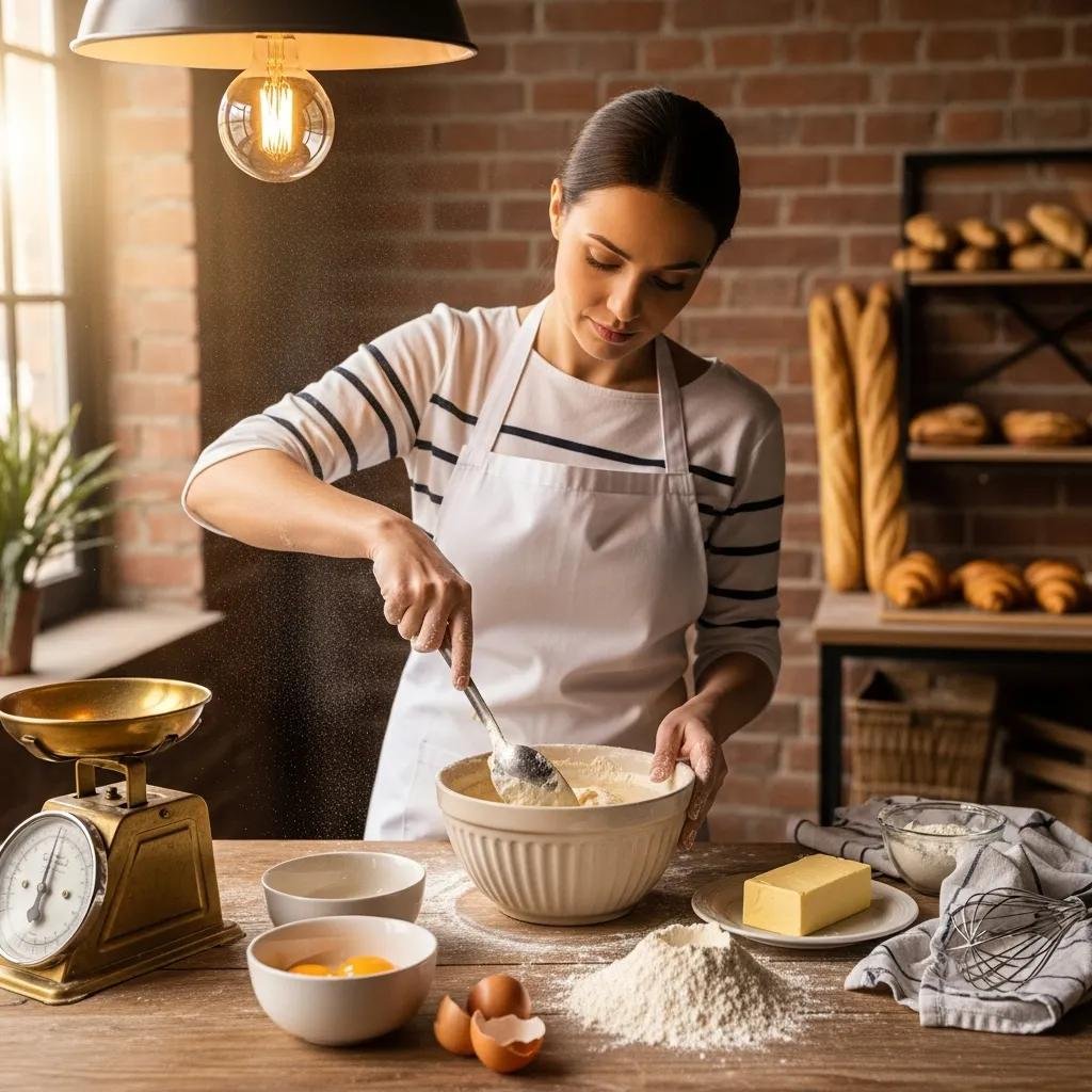 A baker using traditional French techniques to prepare cake batter in a cozy bakery setting