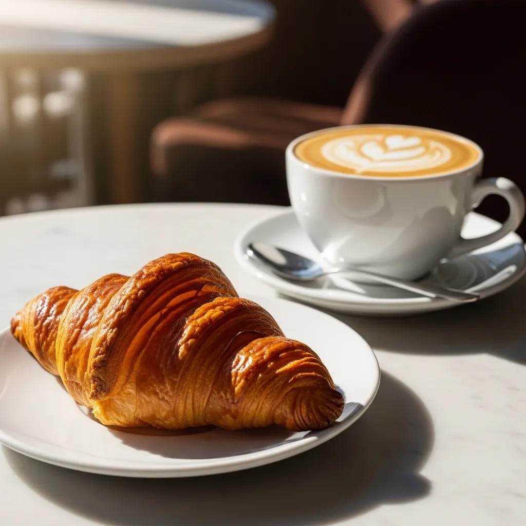 A buttery croissant paired with a rich cappuccino on a café table