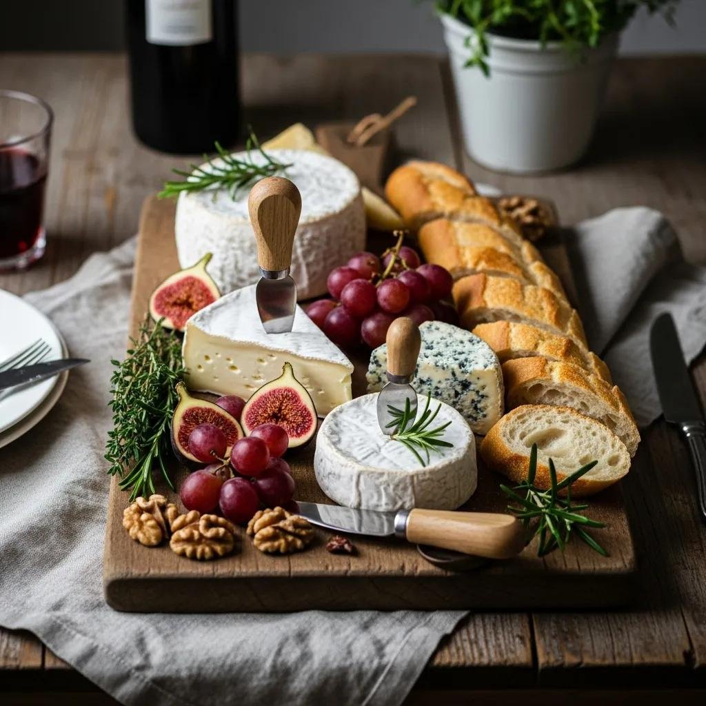 A cheese board with French cheeses and a freshly baked baguette