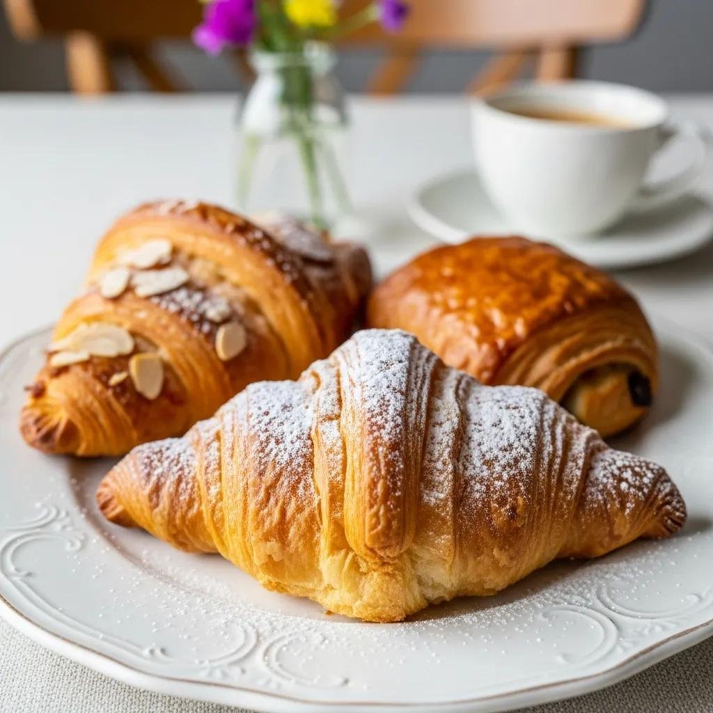 A close-up of a flaky vegan butter croissant with an almond croissant and pain au chocolat in a cozy breakfast setting