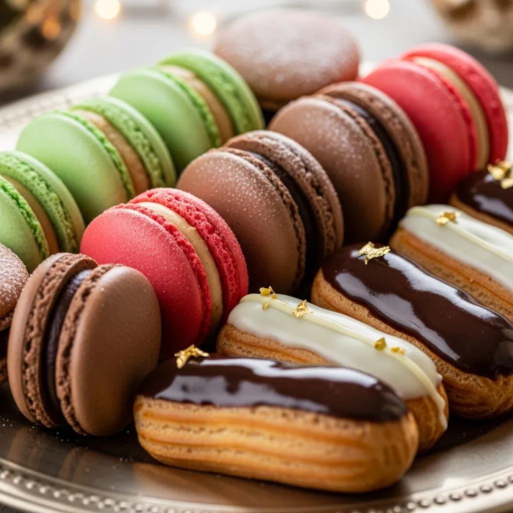 A close-up of colorful seasonal macarons and chocolate éclairs, perfect for New Year's celebrations