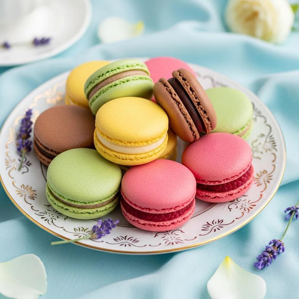 A decorative plate of colorful vegan macarons in various flavors, elegantly displayed with floral accents