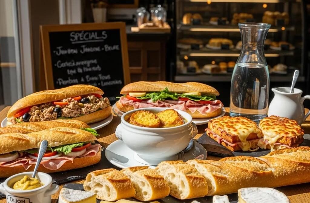 A delightful French lunch spread featuring sandwiches, soup, and cheese