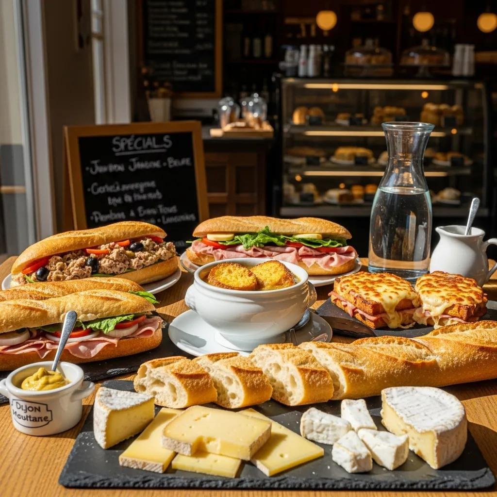 A delightful French lunch spread featuring sandwiches, soup, and cheese
