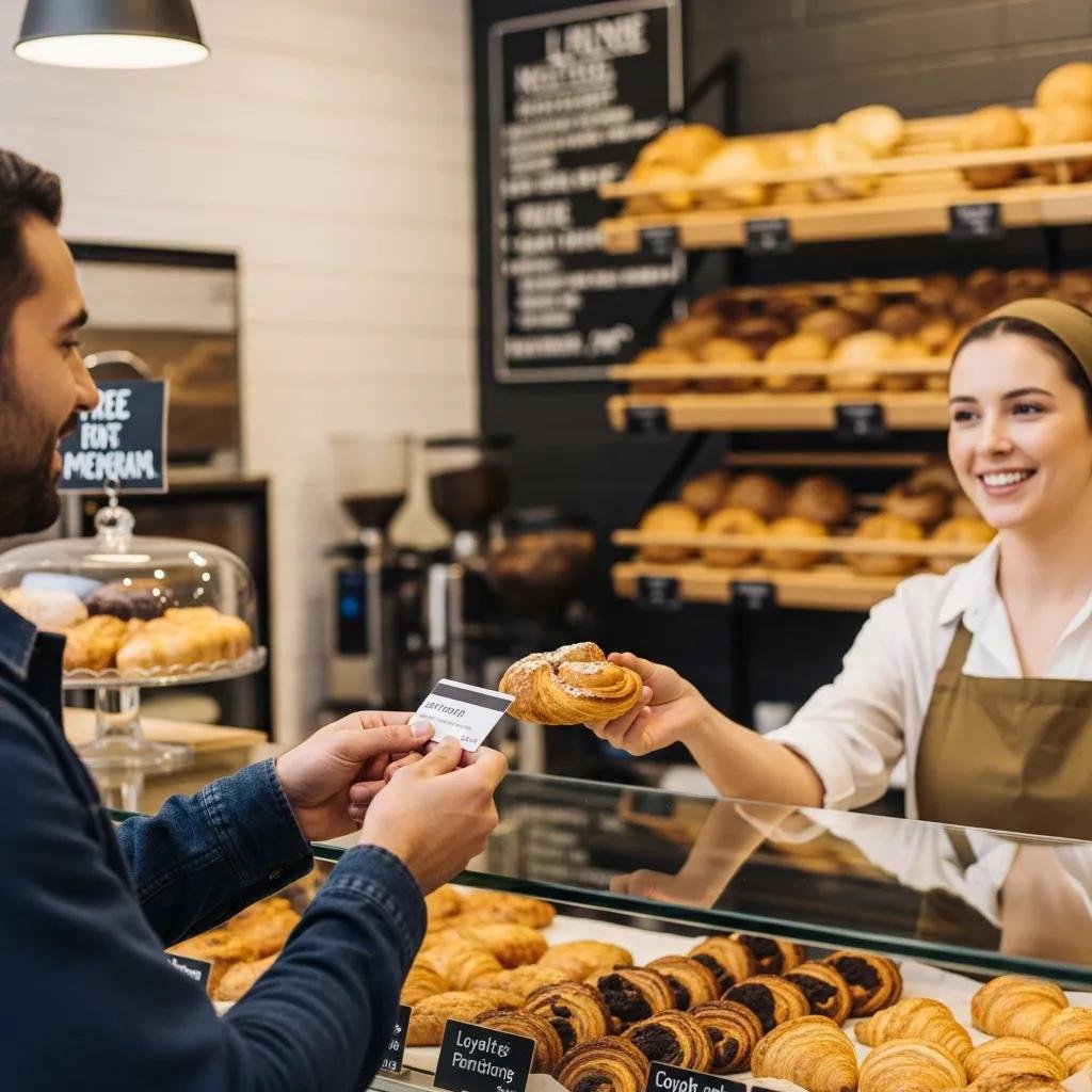 A happy customer receiving a free pastry at a bakery counter, highlighting the benefits of the loyalty program