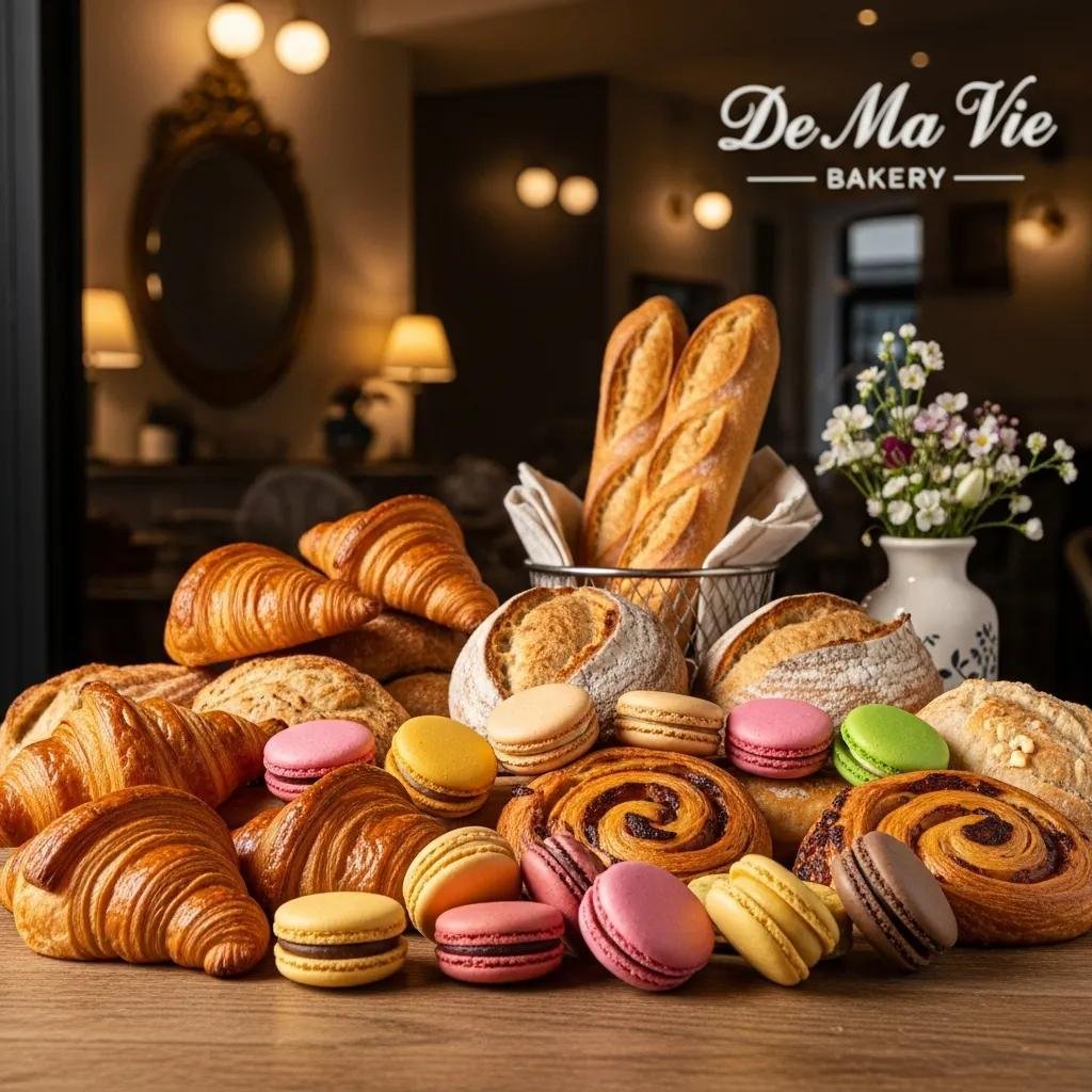 A selection of authentic French pastries including croissants and macarons in a cozy café setting