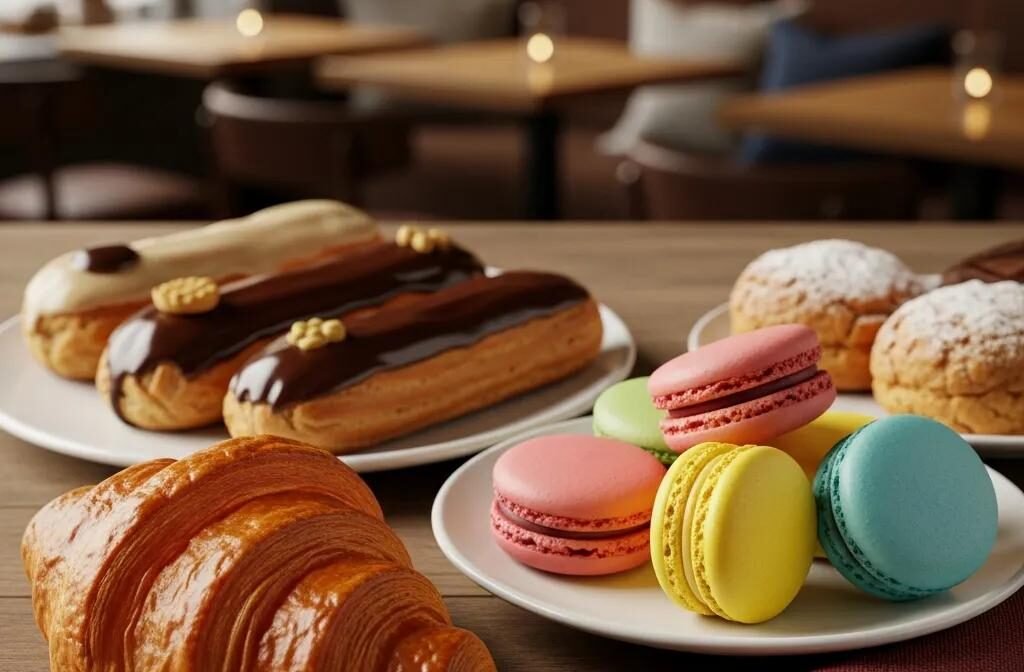 A selection of authentic French pastries including croissants and macarons in a cozy café setting