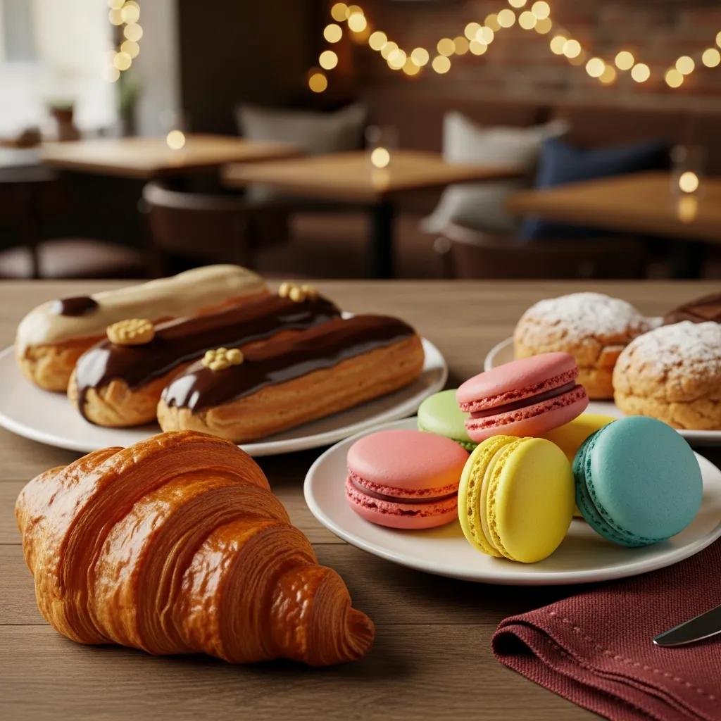 A selection of authentic French pastries including croissants and macarons in a cozy café setting