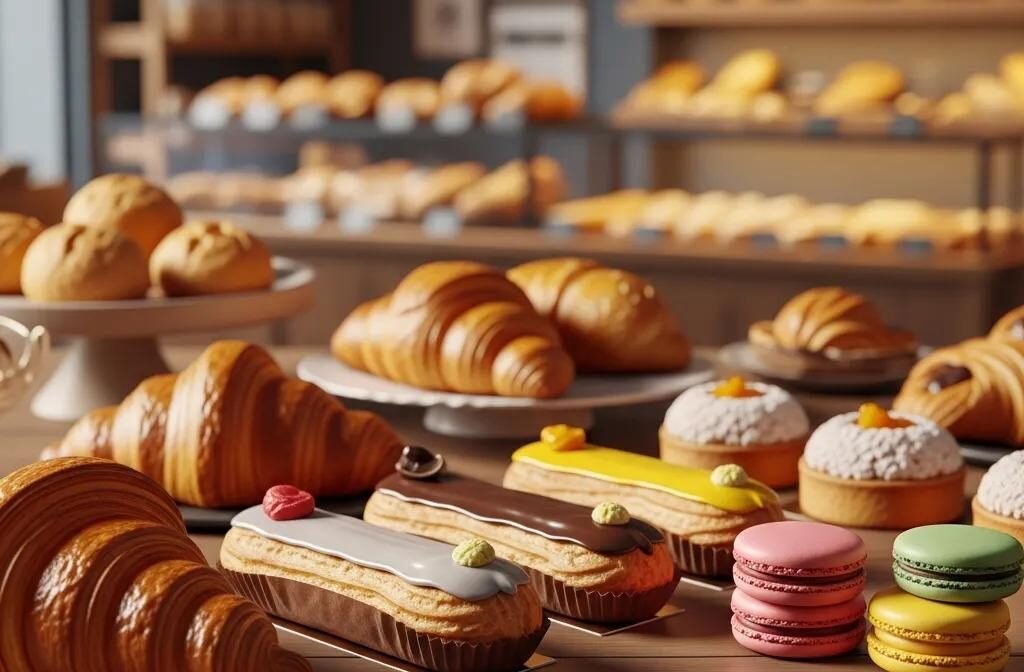 A selection of authentic French pastries including croissants, éclairs, and macarons in a cozy bakery setting