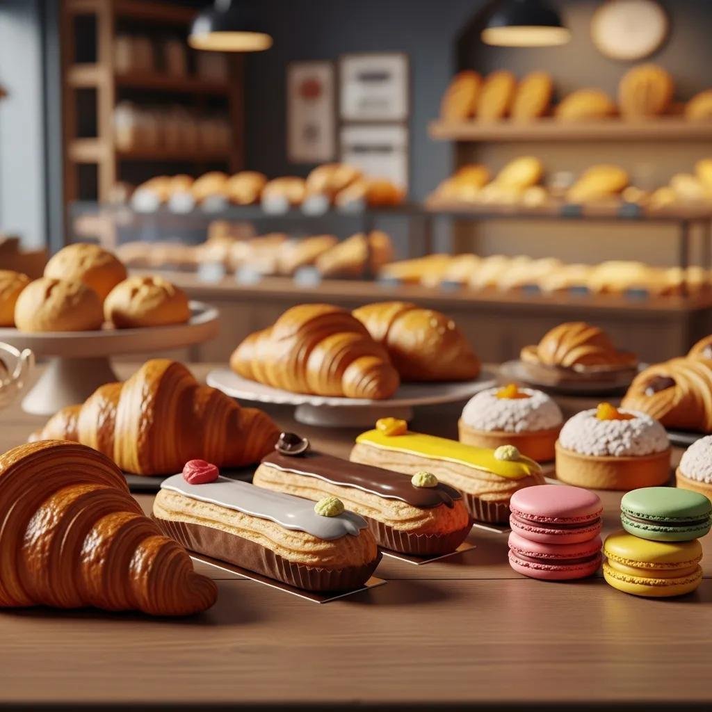 A selection of authentic French pastries including croissants, éclairs, and macarons in a cozy bakery setting