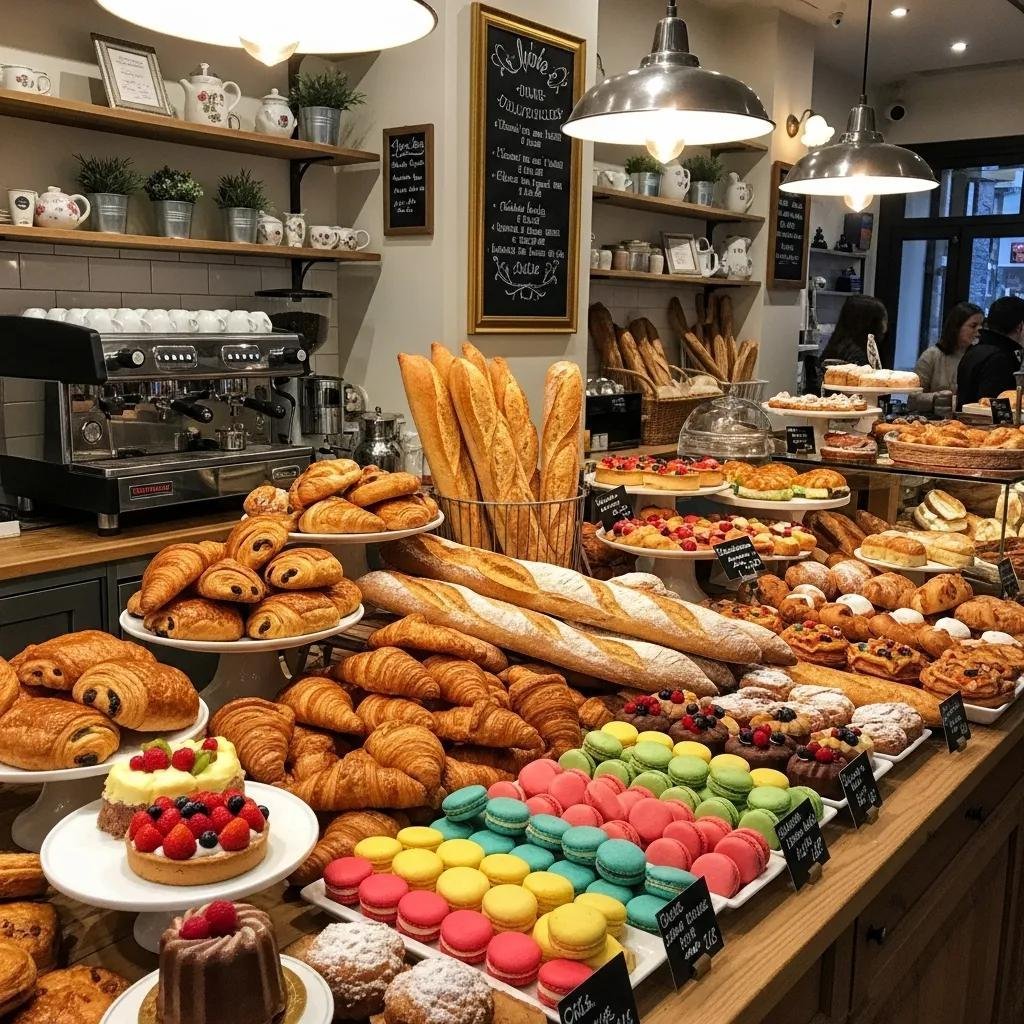 A selection of authentic French pastries including croissants, macarons, and baguettes in a cozy bakery setting
