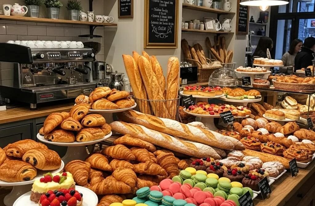 A selection of authentic French pastries including croissants, macarons, and baguettes in a cozy bakery setting