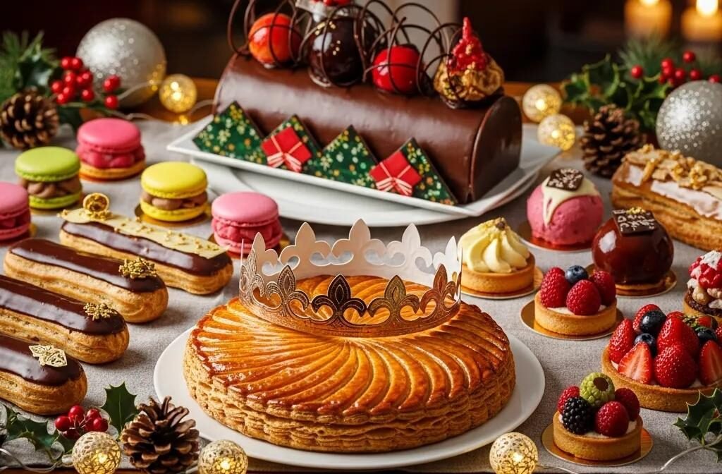 A selection of authentic French pastries including Galette des Rois and Bûche de Noël, beautifully arranged for New Year's celebrations