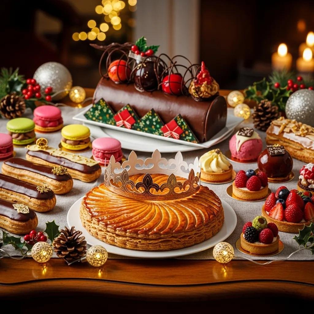 A selection of authentic French pastries including Galette des Rois and Bûche de Noël, beautifully arranged for New Year's celebrations