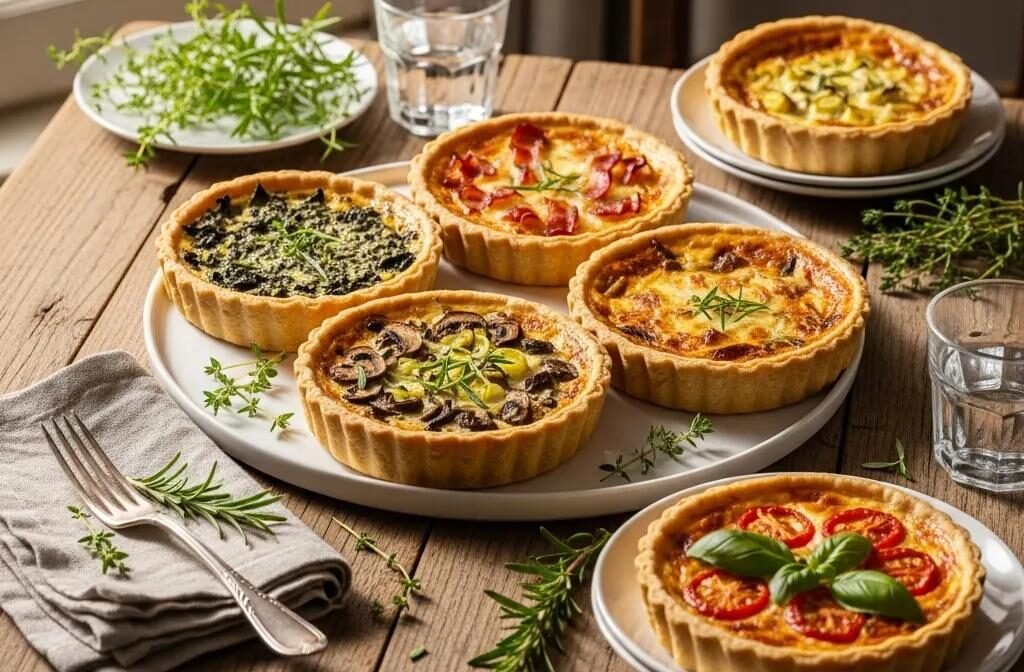 A selection of classic French quiches with flaky crusts and colorful fillings on a rustic wooden table