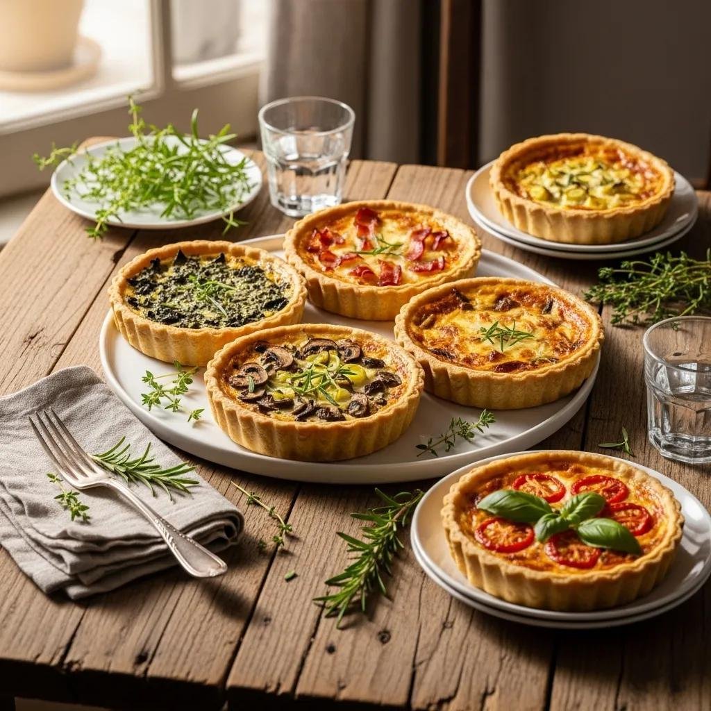 A selection of classic French quiches with flaky crusts and colorful fillings on a rustic wooden table