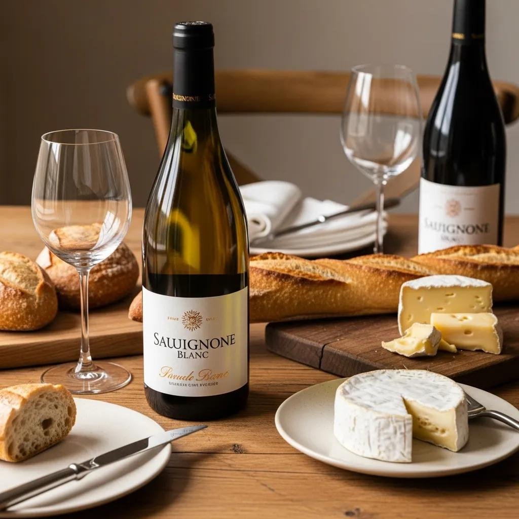 A selection of French wines, artisan breads, and cheeses on a rustic table, showcasing the essence of French culinary traditions