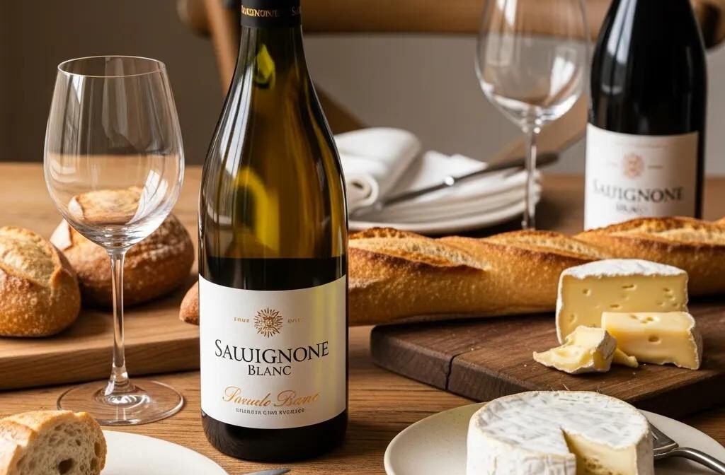 A selection of French wines, artisan breads, and cheeses on a rustic table, showcasing the essence of French culinary traditions