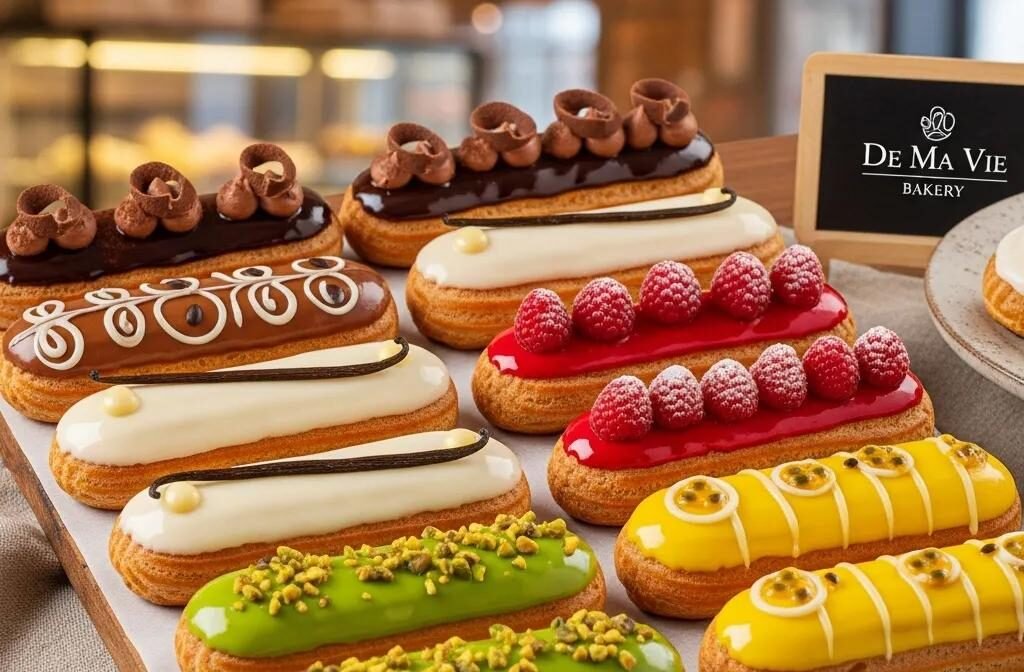 A selection of gourmet éclairs including chocolate, vanilla, and coffee flavors displayed in a cozy bakery setting