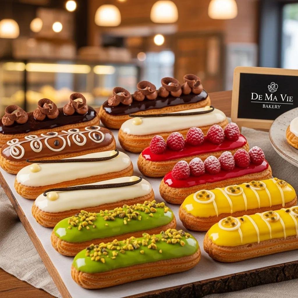 A selection of gourmet éclairs including chocolate, vanilla, and coffee flavors displayed in a cozy bakery setting