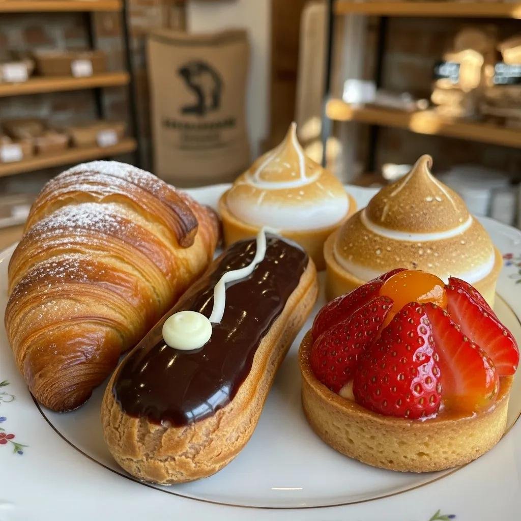 A selection of traditional French pastries including croissants, éclairs, and fruit tarts