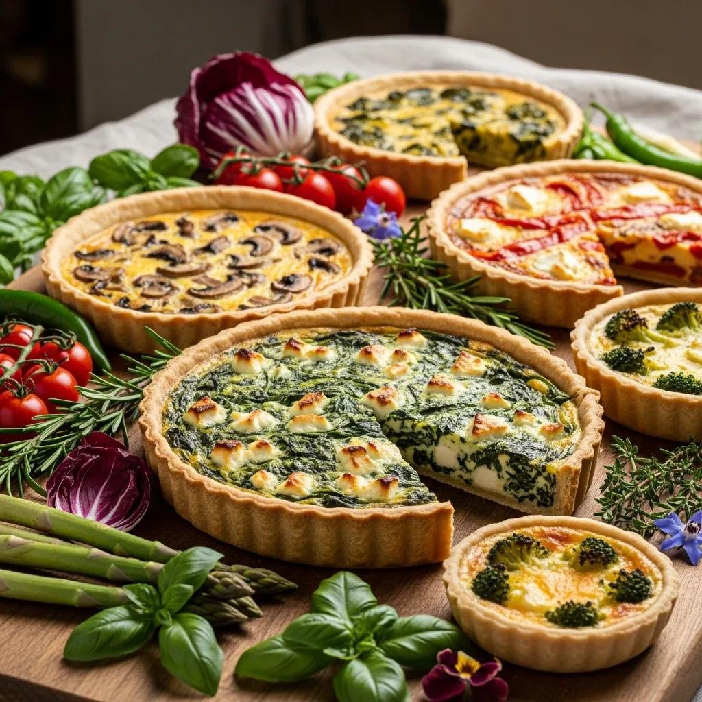 A variety of vegetarian quiches including spinach and feta, arranged with seasonal vegetables on a wooden board
