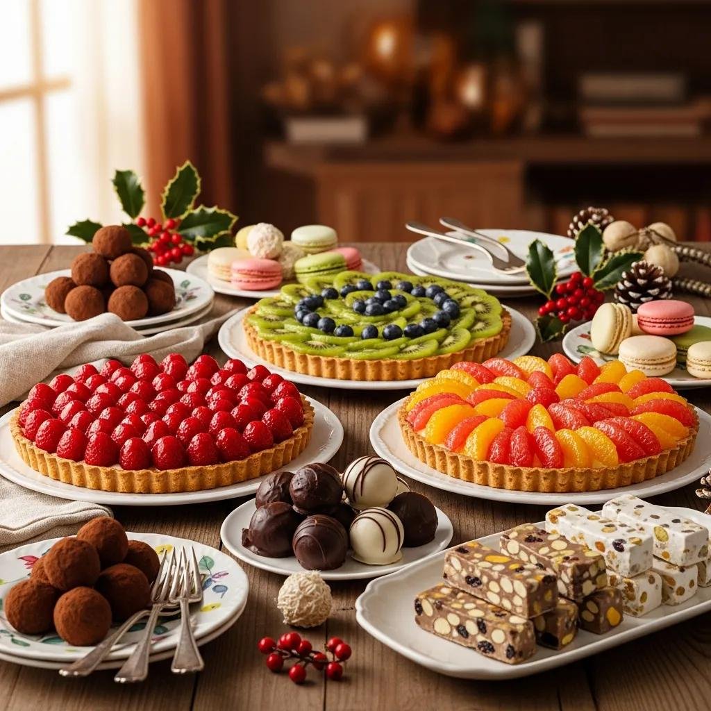 A vibrant assortment of seasonal fruit tarts and confections, including chocolate truffles, ideal for New Year's celebrations