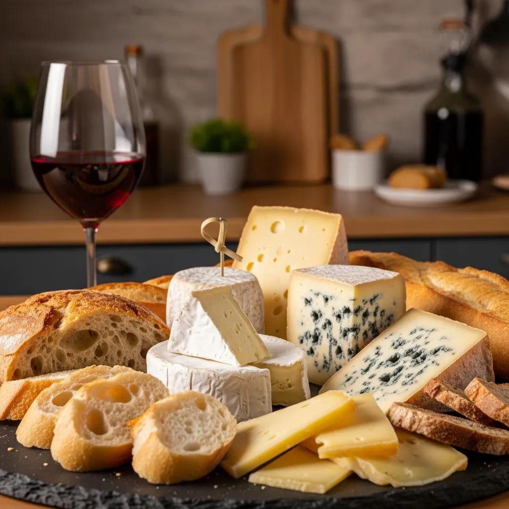 A vibrant cheese platter with classic French cheeses and artisan breads, showcasing ideal pairings for an authentic French dining experience