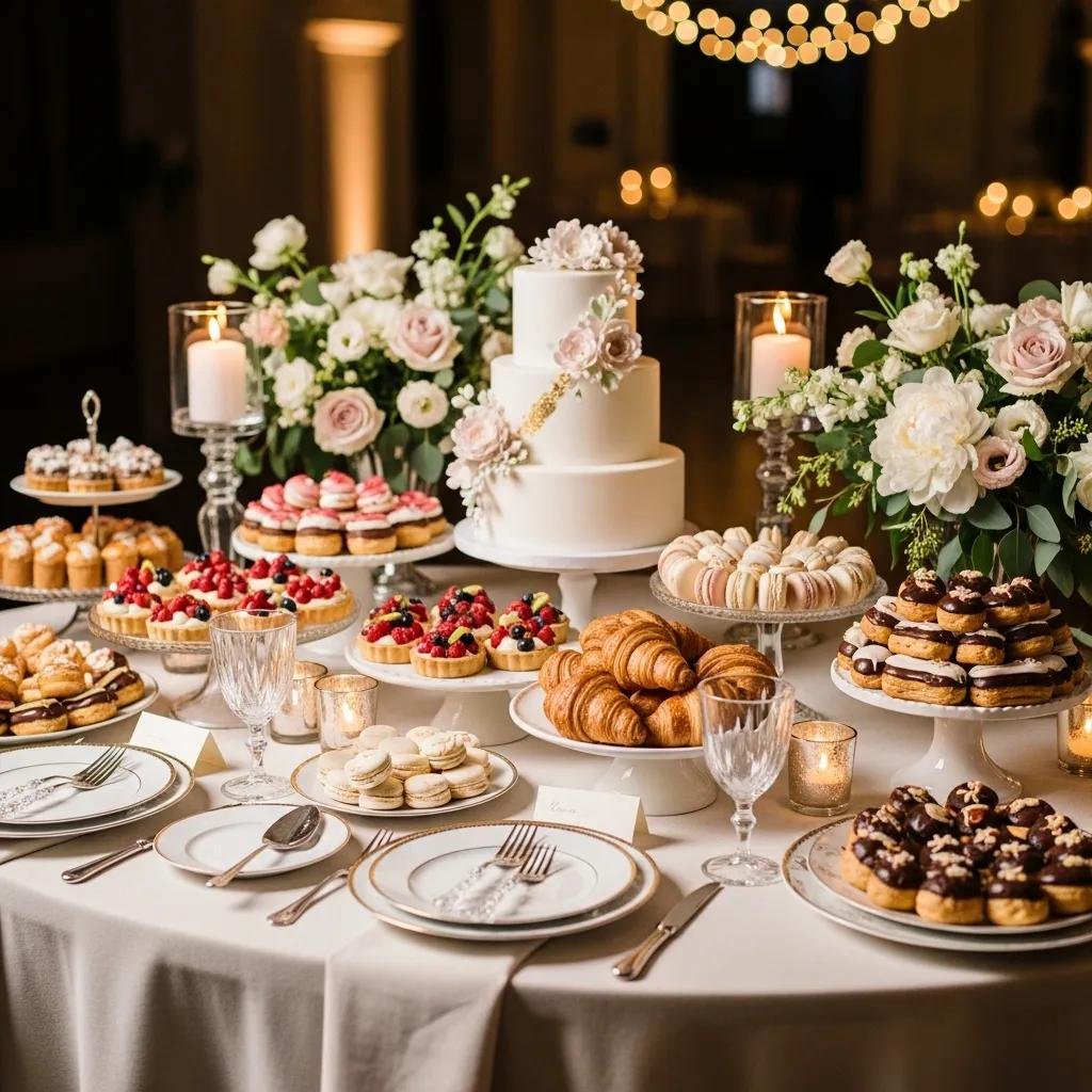 A wedding dessert table showcasing a variety of French pastries and a custom wedding cake, decorated elegantly